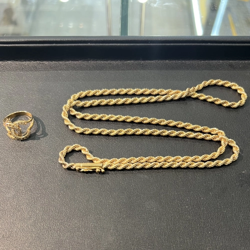 18金 K18 ロープチェーンネックレス ダイヤモンドリングを買取